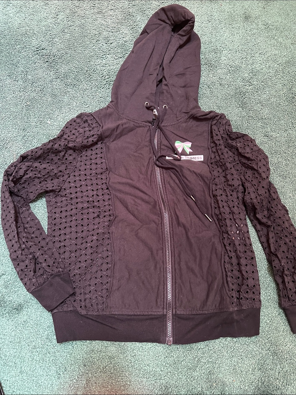 Dark black  Hooded Zip Jacket with Eyelet Sleeves